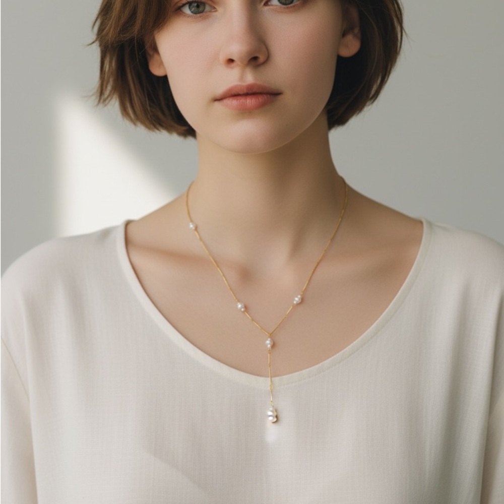 Gold Pearl Drop Y-Necklace with Delicate Chain